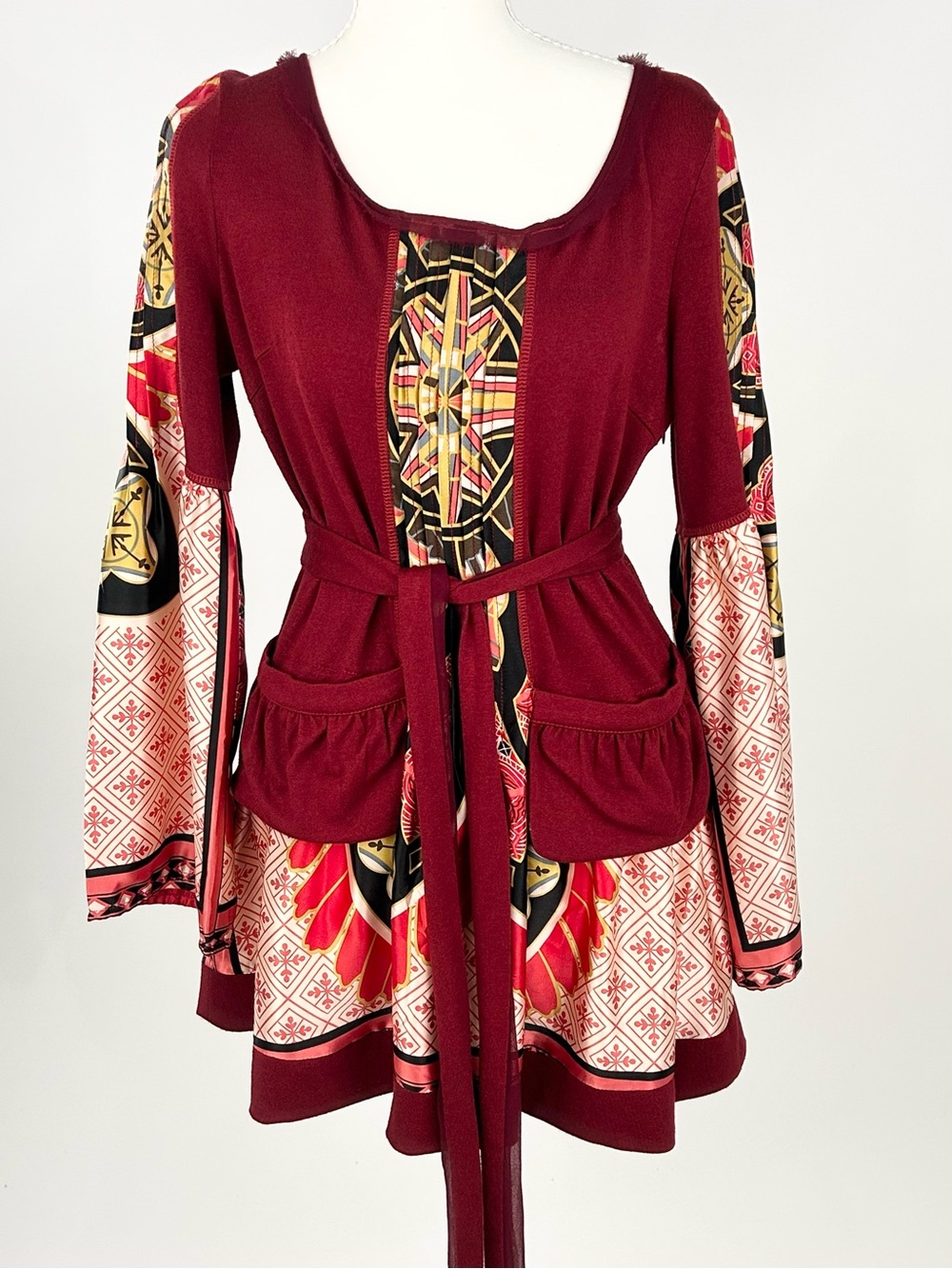 Tracy Porter Burgundy Scarf Print Belted Tunic Top Boho Bell Sleeve S 4/6